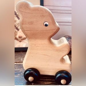 Wooden Bear on wheels inlay wood handmade Cottagecore